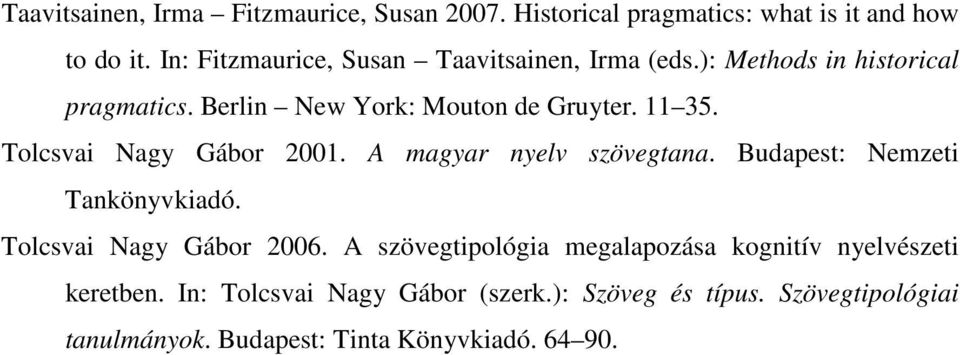 Tolcsvai Nagy Gábor 2001. A magyar nyelv szövegtana. Budapest: Nemzeti Tankönyvkiadó. Tolcsvai Nagy Gábor 2006.