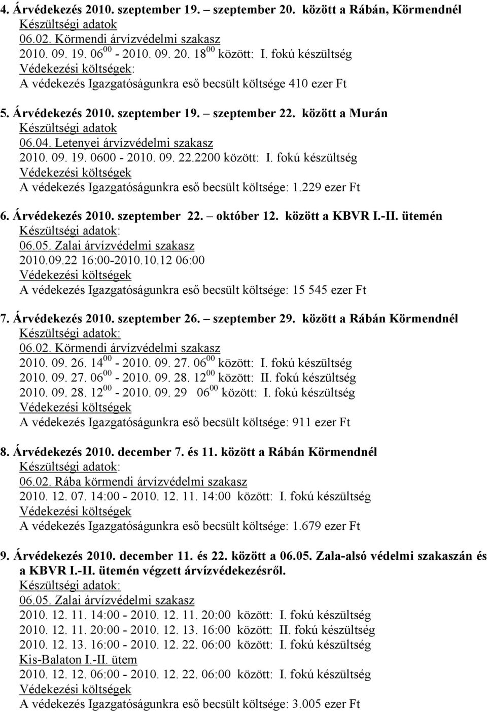 Letenyei árvízvédelmi szakasz 2010. 09. 19. 0600-2010. 09. 22.2200 között: I. fokú készültség Védekezési költségek A védekezés Igazgatóságunkra eső becsült költsége: 1.229 ezer Ft 6. Árvédekezés 2010.