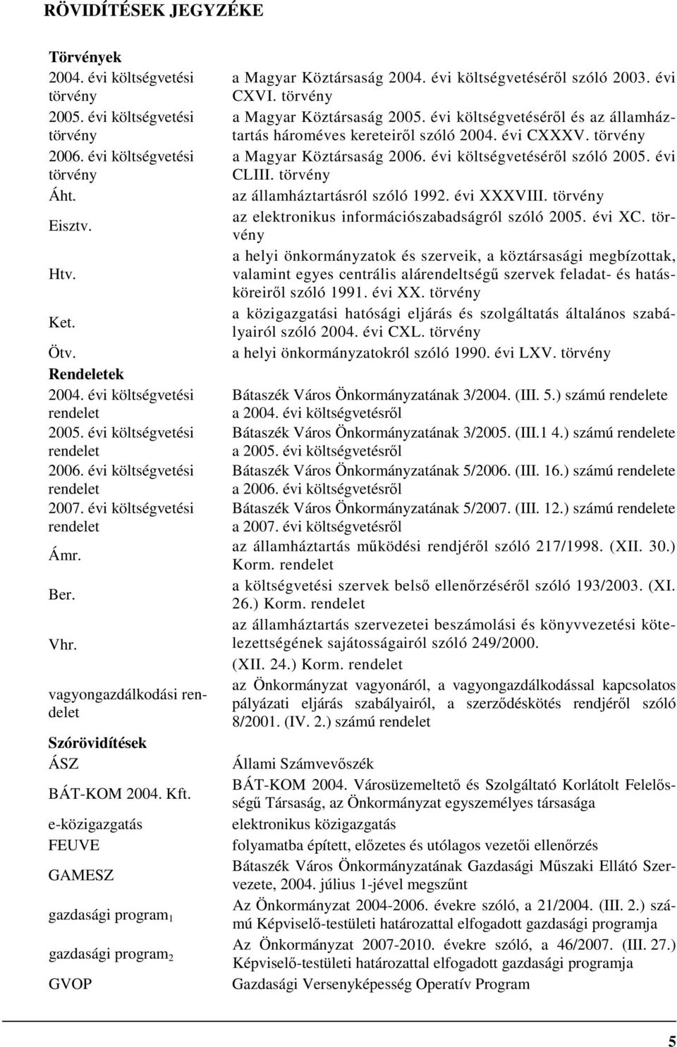 vagyongazdálkodási rendelet Szórövidítések ÁSZ BÁT-KOM 2004. Kft. e-közigazgatás FEUVE GAMESZ gazdasági program 1 gazdasági program 2 GVOP a Magyar Köztársaság 2004. évi költségvetésérıl szóló 2003.