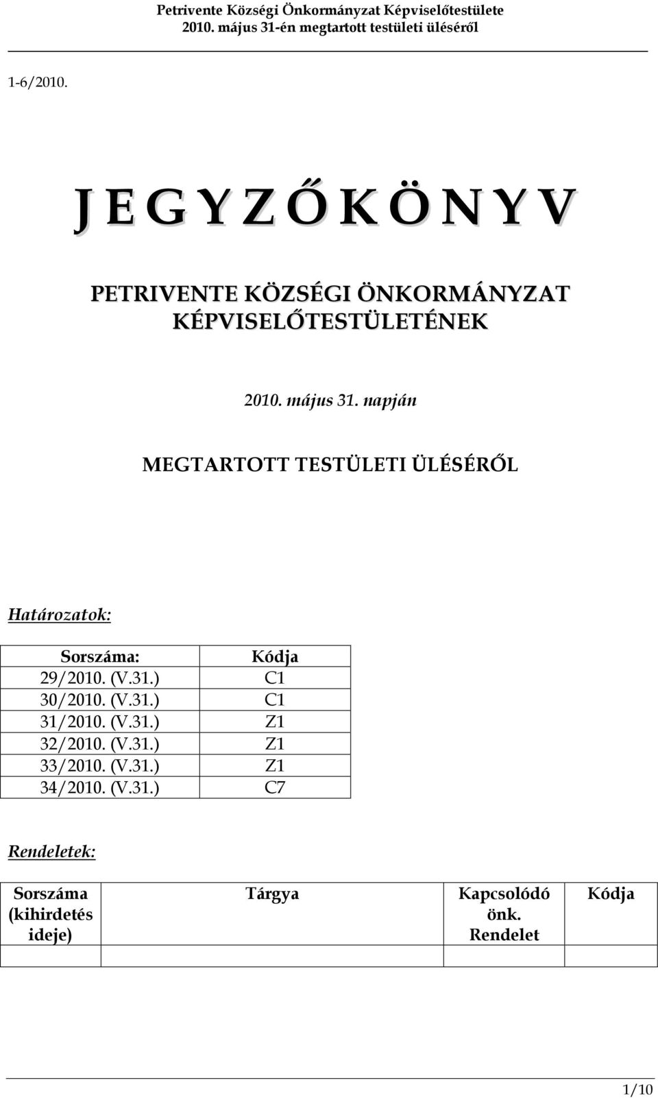 (V.31.) C1 31/2010. (V.31.) Z1 32/2010. (V.31.) Z1 33/2010. (V.31.) Z1 34/2010. (V.31.) C7 Rendeletek: Sorszáma (kihirdetés ideje) Tárgya Kapcsolódó önk.