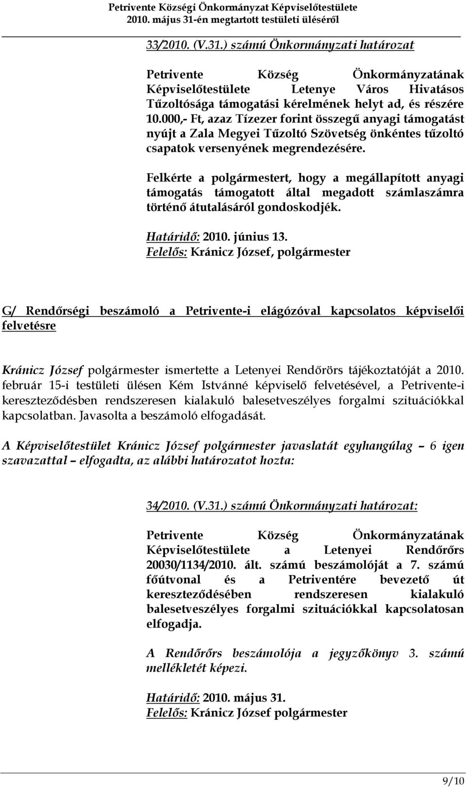 Felkérte a polgármestert, hogy a megállapított anyagi támogatás támogatott által megadott számlaszámra történő átutalásáról gondoskodjék. Határidő: 2010. június 13.