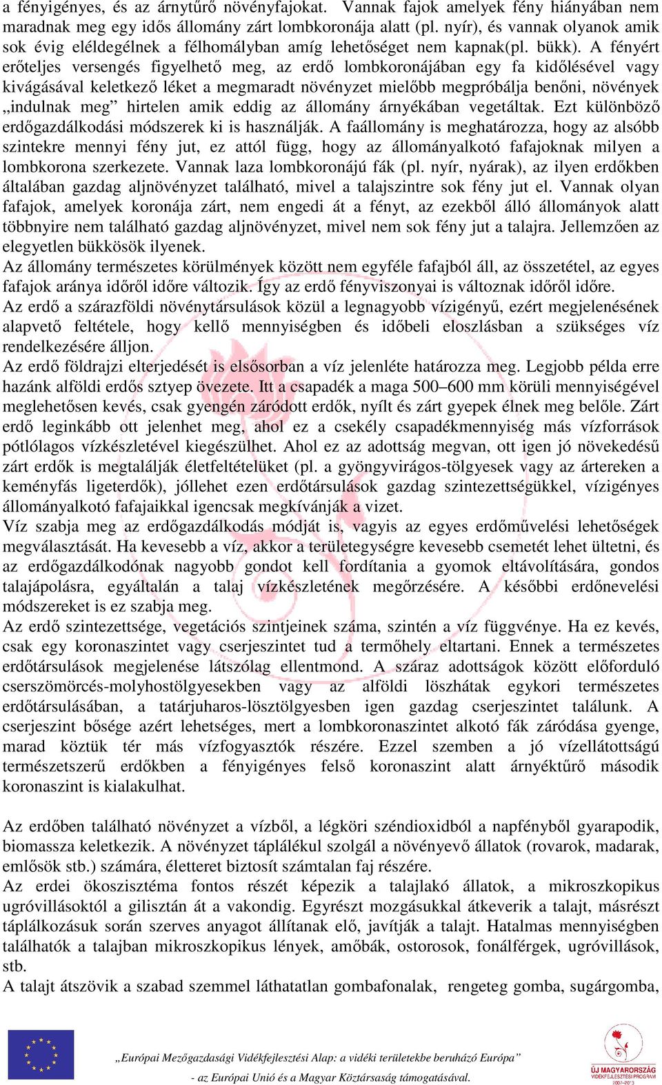 A fényért erőteljes versengés figyelhető meg, az erdő lombkoronájában egy fa kidőlésével vagy kivágásával keletkező léket a megmaradt növényzet mielőbb megpróbálja benőni, növények indulnak meg