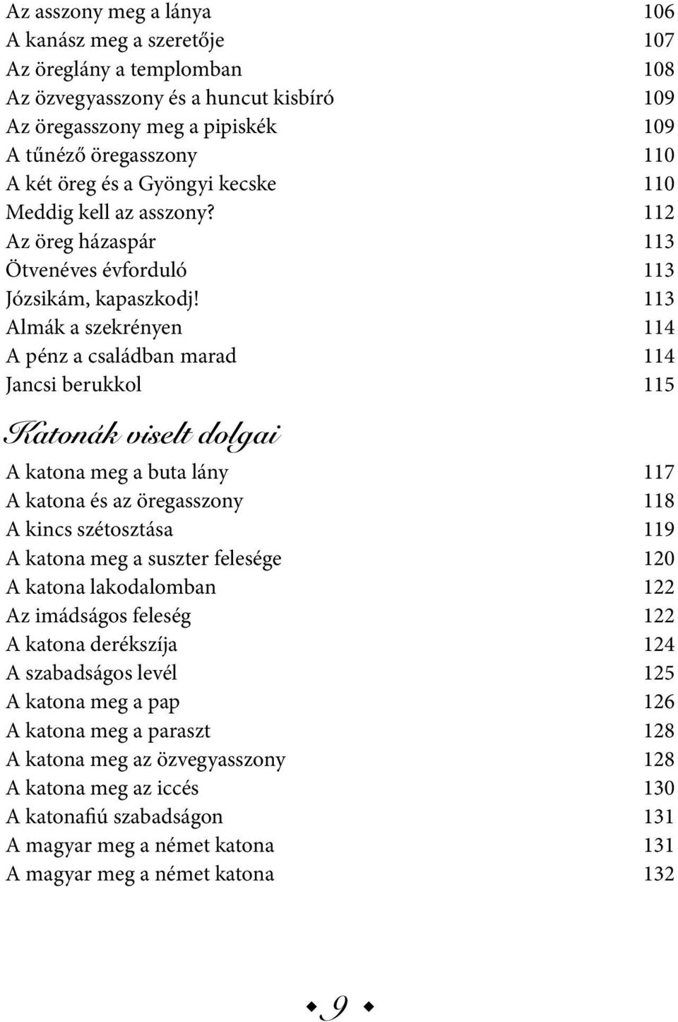 113 Almák a szekrényen 114 A pénz a családban marad 114 Jancsi berukkol 115 Katonák viselt dolgai A katona meg a buta lány 117 A katona és az öregasszony 118 A kincs szétosztása 119 A katona meg a