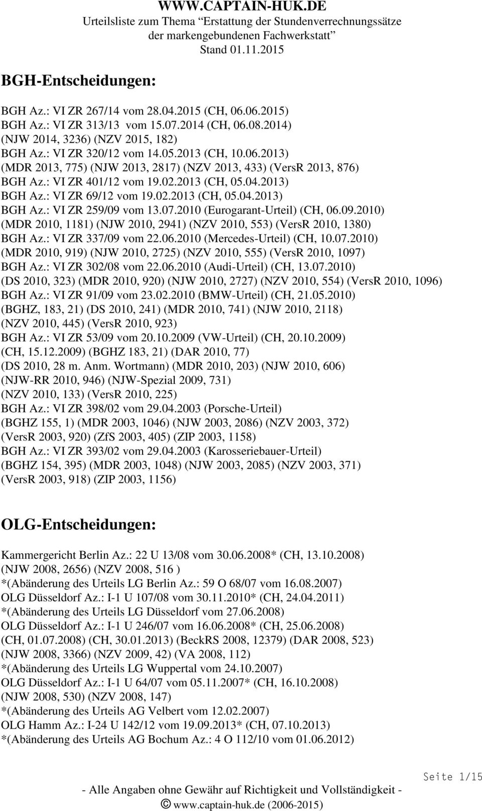 07.2010 (Eurogarant-Urteil) (CH, 06.09.2010) (MDR 2010, 1181) (NJW 2010, 2941) (NZV 2010, 553) (VersR 2010, 1380) BGH Az.: VI ZR 337/09 vom 22.06.2010 (Mercedes-Urteil) (CH, 10.07.2010) (MDR 2010, 919) (NJW 2010, 2725) (NZV 2010, 555) (VersR 2010, 1097) BGH Az.