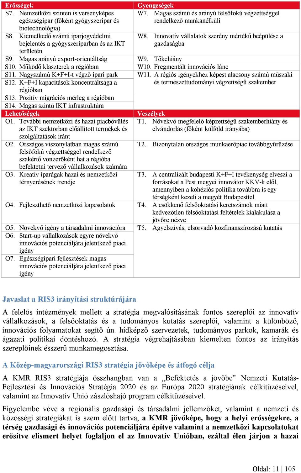 Tőkehiány S10. Működő klaszterek a régióban W10. Fregmentált innovációs lánc S11. Nagyszámú K+F+I-t végző ipari park W11. A régiós igényekhez képest alacsony számú műszaki S12.