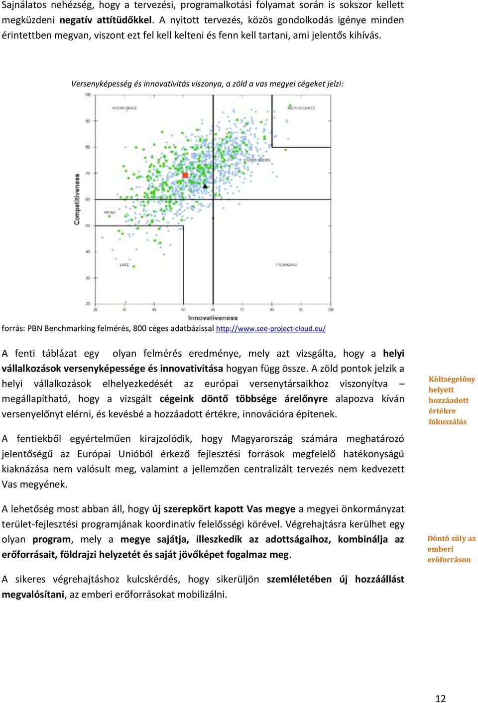 Versenyképesség és innovativitás viszonya, a zöld a vas megyei cégeket jelzi: forrás: PBN Benchmarking felmérés, 800 céges adatbázissal http://www.see-project-cloud.