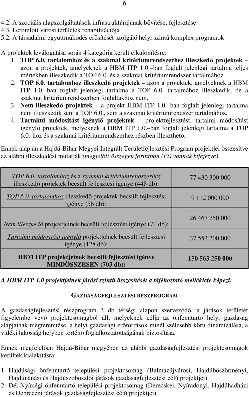 2. TOP 6.0. tartalomhoz illeszkedő projektek azon a projektek, amelyeknek a HBM ITP 1.0. ban foglalt jelenlegi tartalma a TOP 6.0. tartalmához illeszkedik, de a szakmai kritériumrendszerben foglaltakhoz nem.