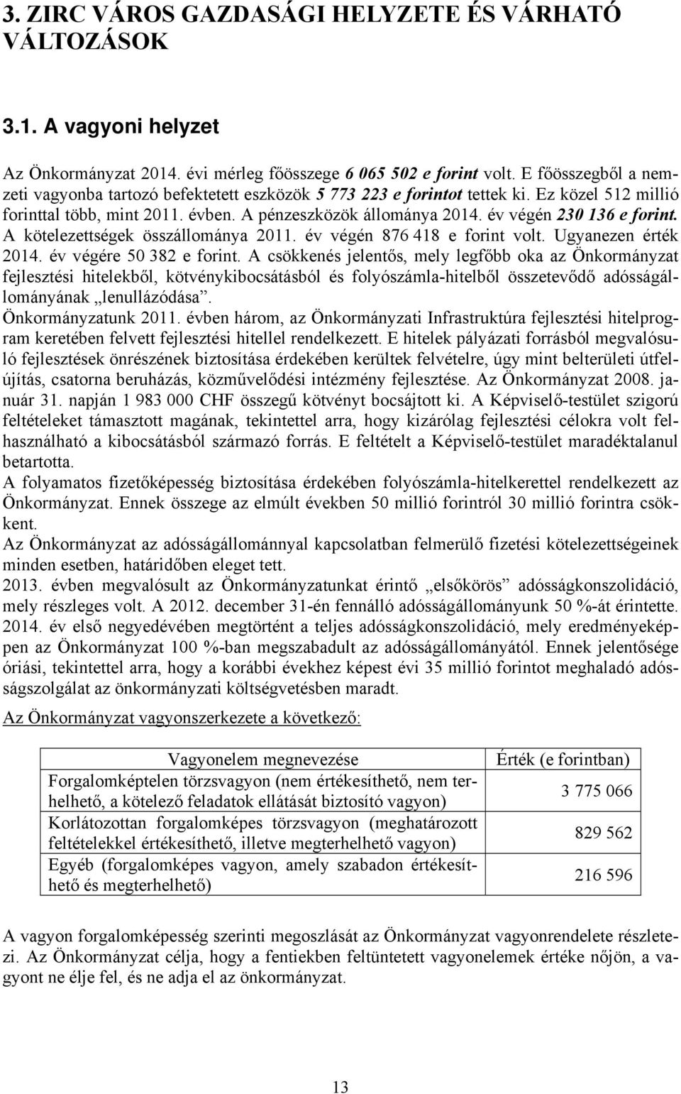 év végén 230 136 e forint. A kötelezettségek összállománya 2011. év végén 876 418 e forint volt. Ugyanezen érték 2014. év végére 50 382 e forint.