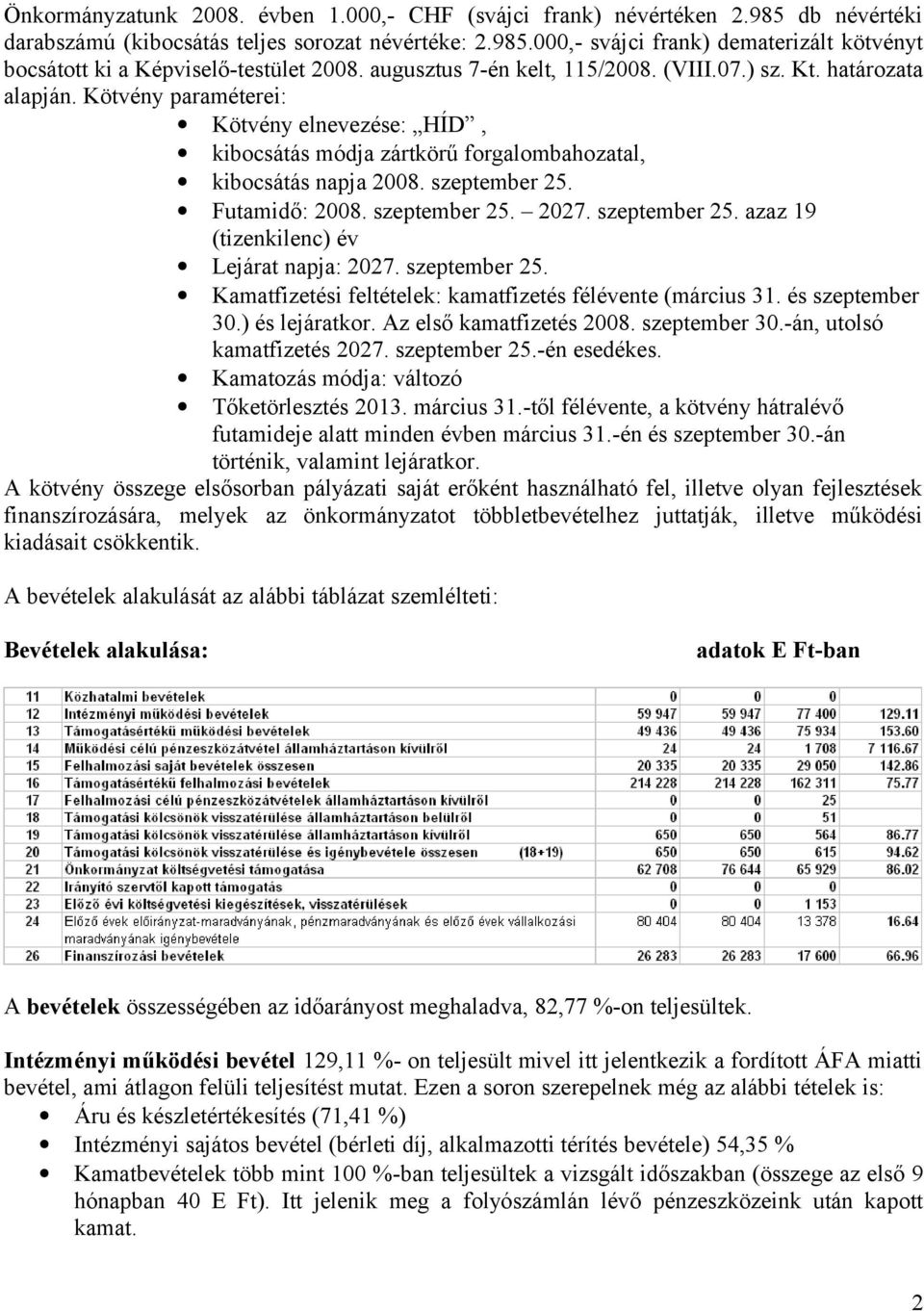 Futamidő: 2008. szeptember 25. 2027. szeptember 25. azaz 19 (tizenkilenc) év Lejárat napja: 2027. szeptember 25. Kamatfizetési feltételek: kamatfizetés félévente (március 31. és szeptember 30.