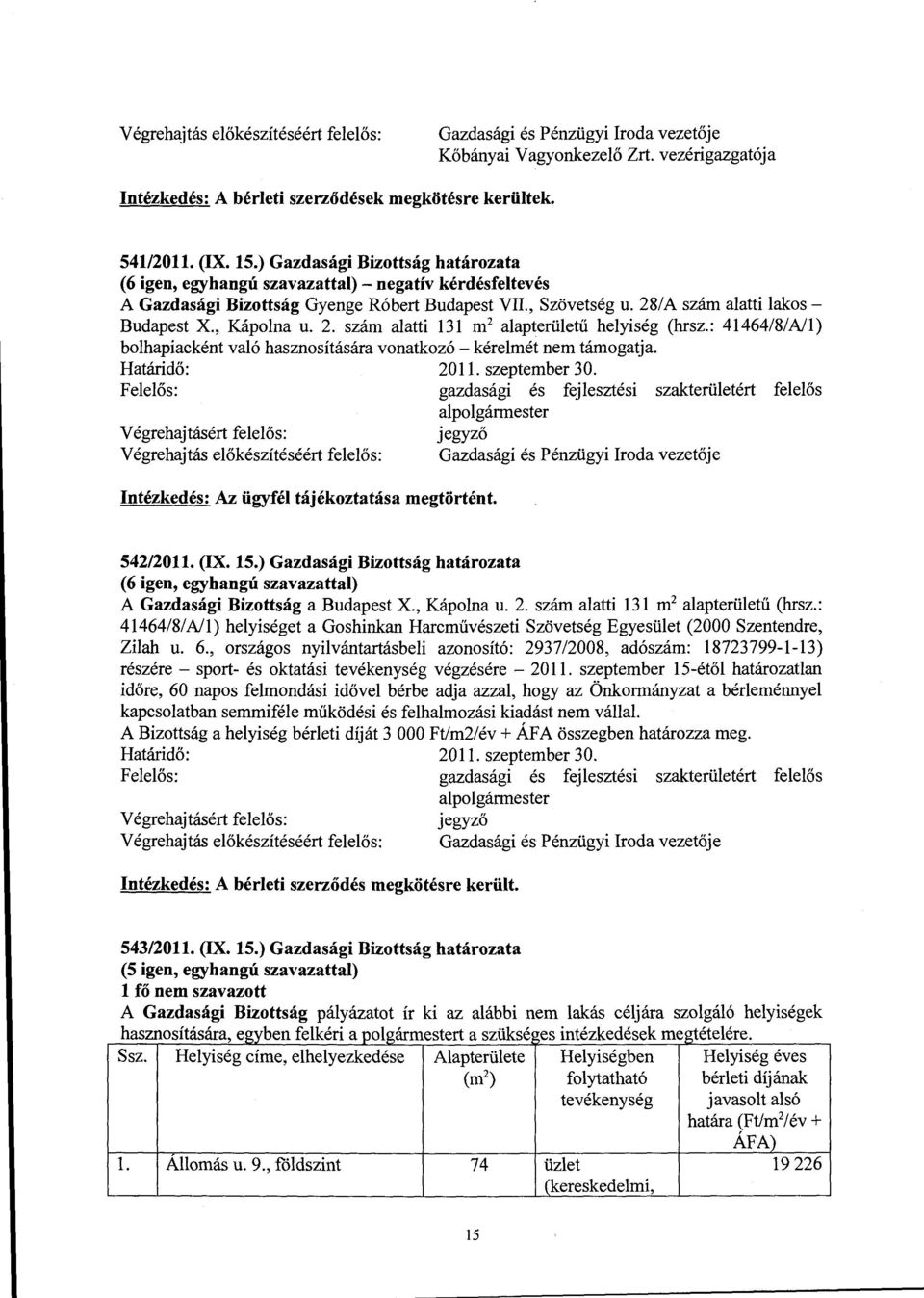 2. szám alatti 131 m 2 alapterületű helyiség (hrsz.: 41464/8/Nl) bolhapiacként való hasznosítására vonatkozó- kérelmét nem támogatja. 2011. szeptember 30.