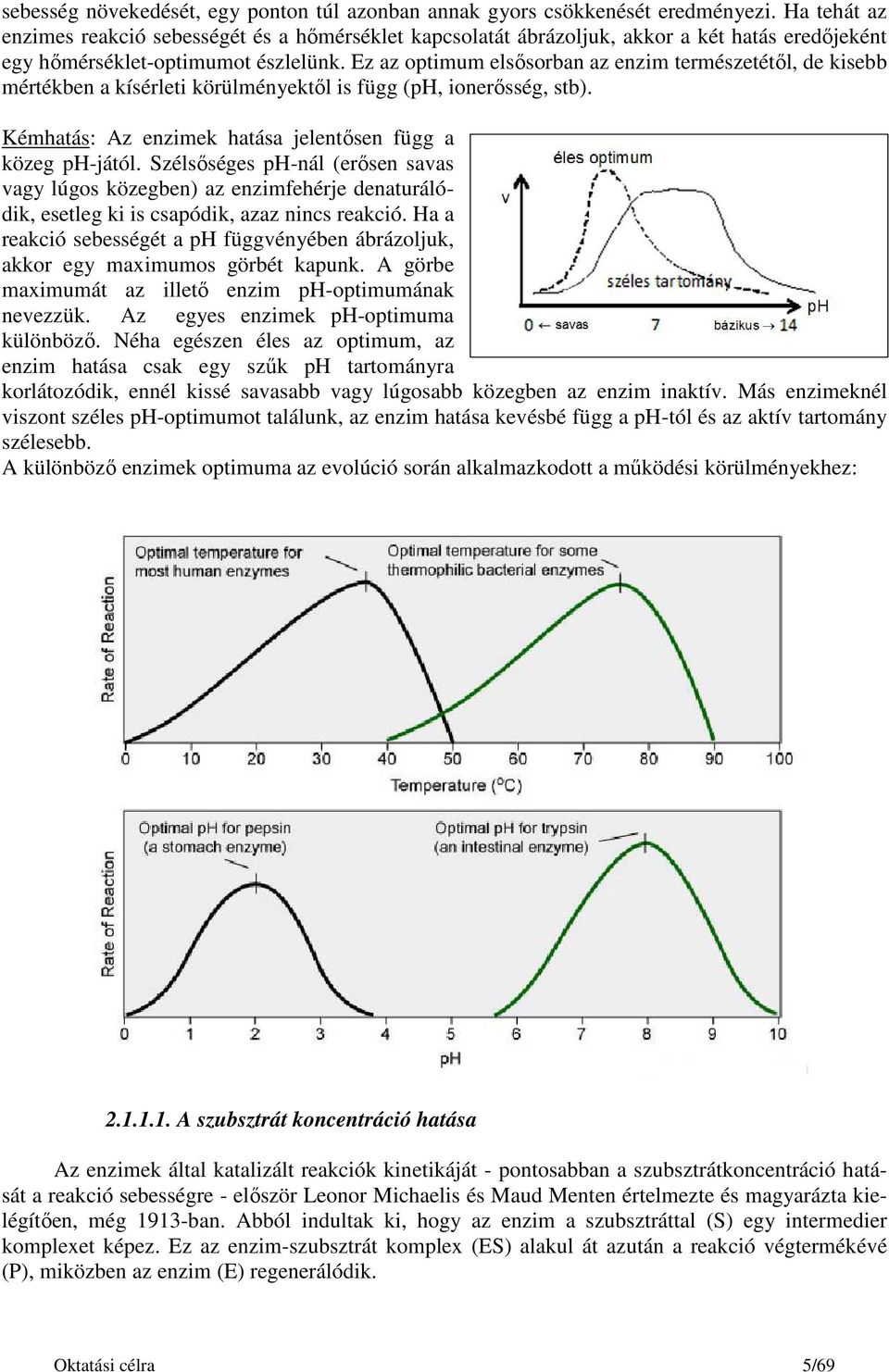 Ez az optimum elsősorban az enzim természetétől, de kisebb mértékben a kísérleti körülményektől is függ (ph, ionerősség, stb). Kémhatás: Az enzimek hatása jelentősen függ a közeg ph-jától.