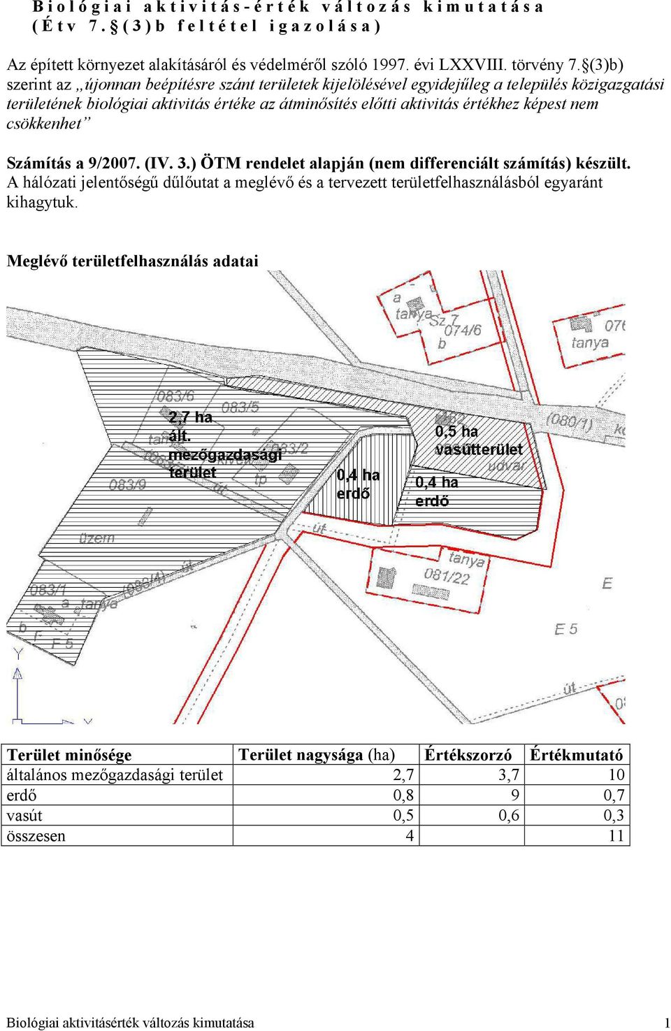 csökkenhet Számítás a 9/2007. (IV. 3.) ÖTM rendelet alapján (nem differenciált számítás) készült. A hálózati jelentőségű dűlőutat a meglévő és a tervezett területfelhasználásból egyaránt kihagytuk.