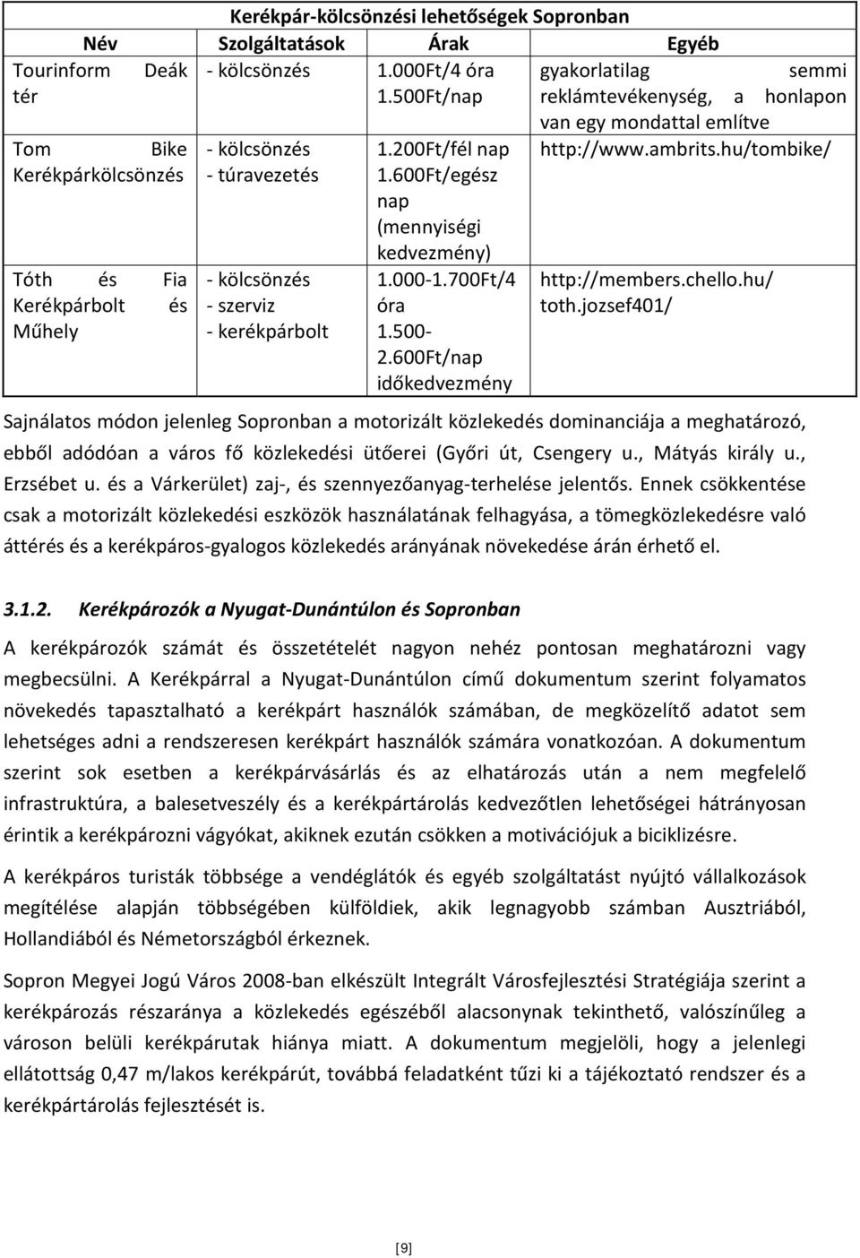 600Ft/egész nap (mennyiségi kedvezmény) Tóth és Fia - kölcsönzés 1.000-1.700Ft/4 http://members.chello.hu/ Kerékpárbolt és - szerviz óra toth.jozsef401/ Műhely - kerékpárbolt 1.500-2.