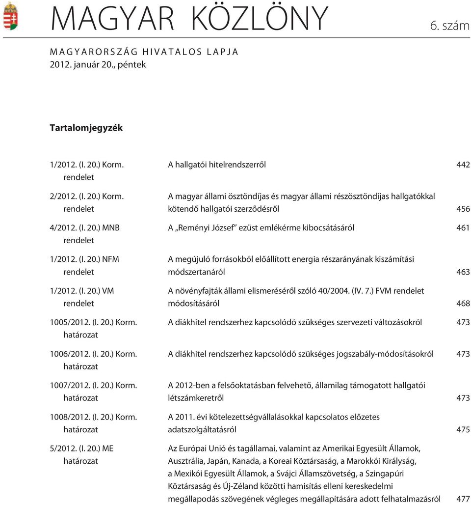 ) VM rendelet 1005/2012. ) Korm. határozat 1006/2012. ) Korm. határozat 1007/2012. ) Korm. határozat 1008/2012. ) Korm. határozat 5/2012.