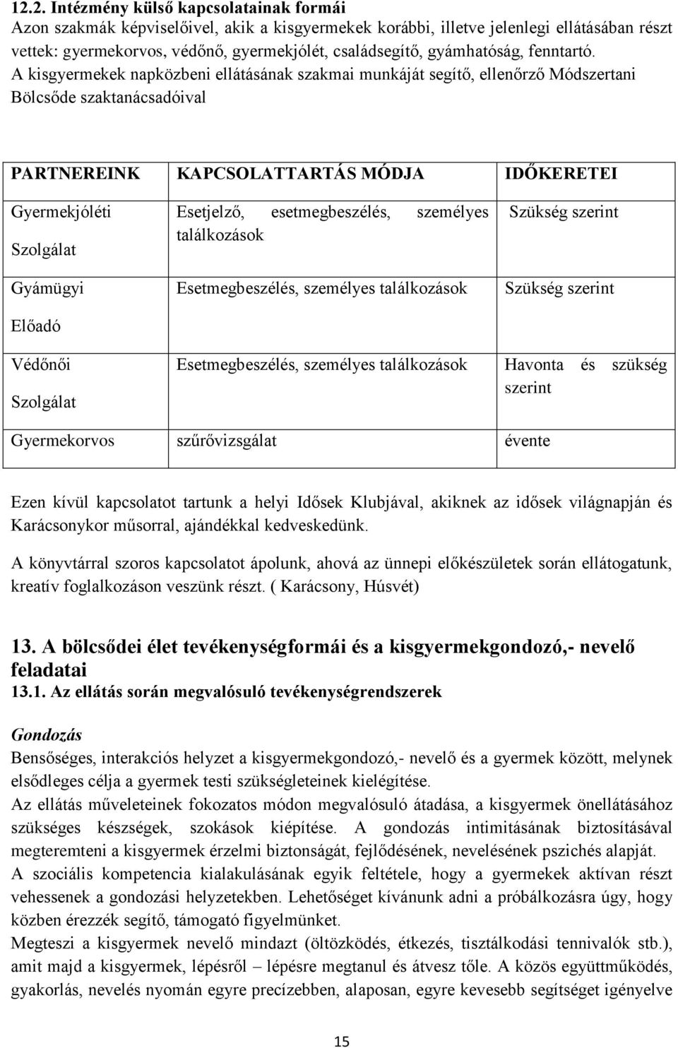 A kisgyermekek napközbeni ellátásának szakmai munkáját segítő, ellenőrző Módszertani Bölcsőde szaktanácsadóival PARTNEREINK KAPCSOLATTARTÁS MÓDJA IDŐKERETEI Gyermekjóléti Szolgálat Gyámügyi Előadó