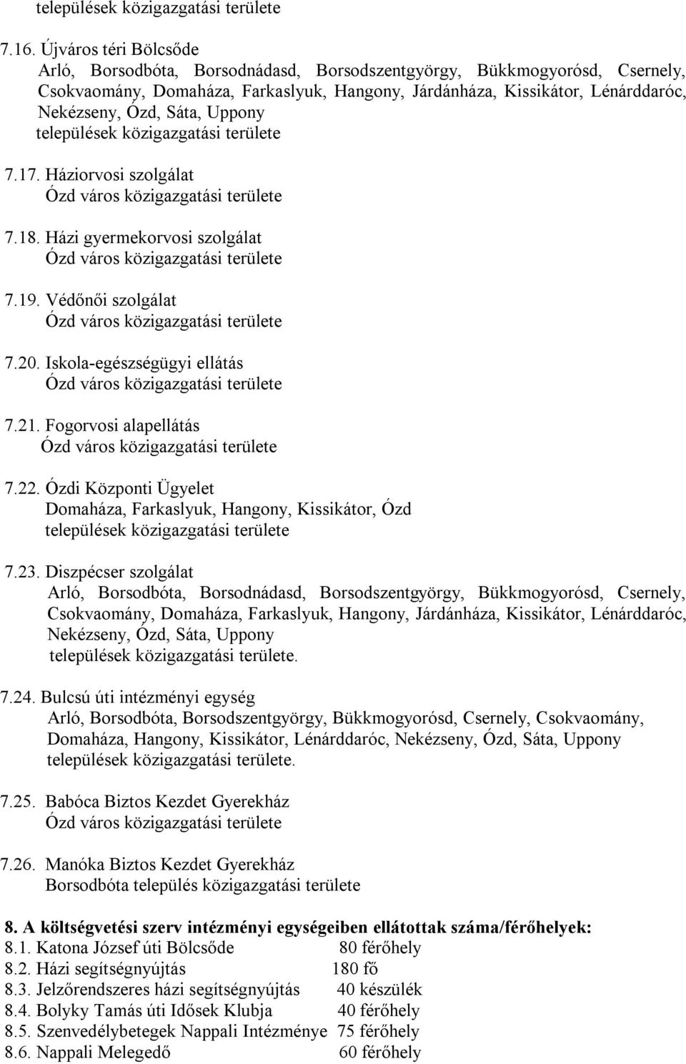 Védőnői szolgálat Ózd város közigazgatási területe 7.20. Iskola-egészségügyi ellátás Ózd város közigazgatási területe 7.21. Fogorvosi alapellátás Ózd város közigazgatási területe 7.22.