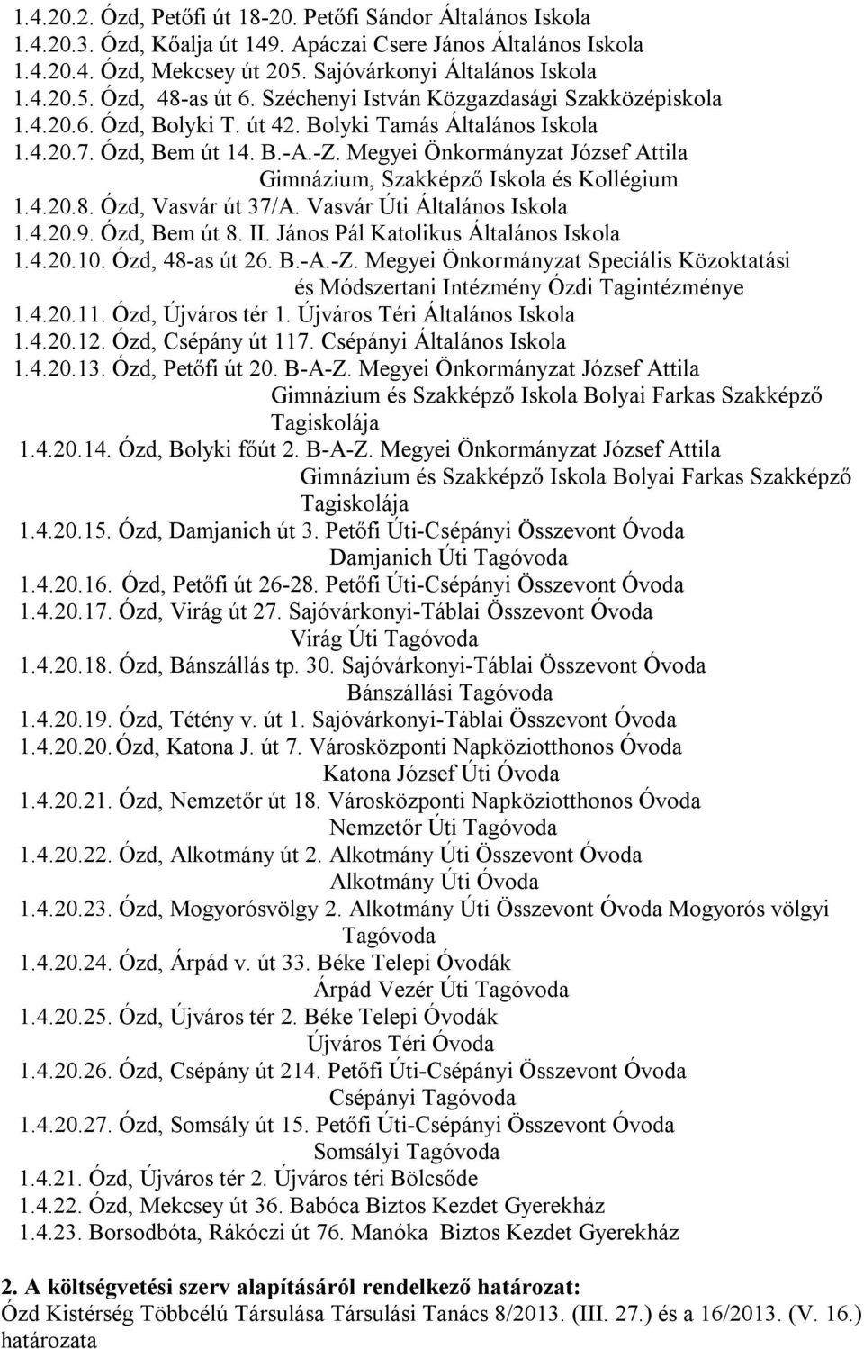 Megyei Önkormányzat József Attila Gimnázium, Szakképző Iskola és Kollégium 1.4.20.8. Ózd, Vasvár út 37/A. Vasvár Úti Általános Iskola 1.4.20.9. Ózd, Bem út 8. II.