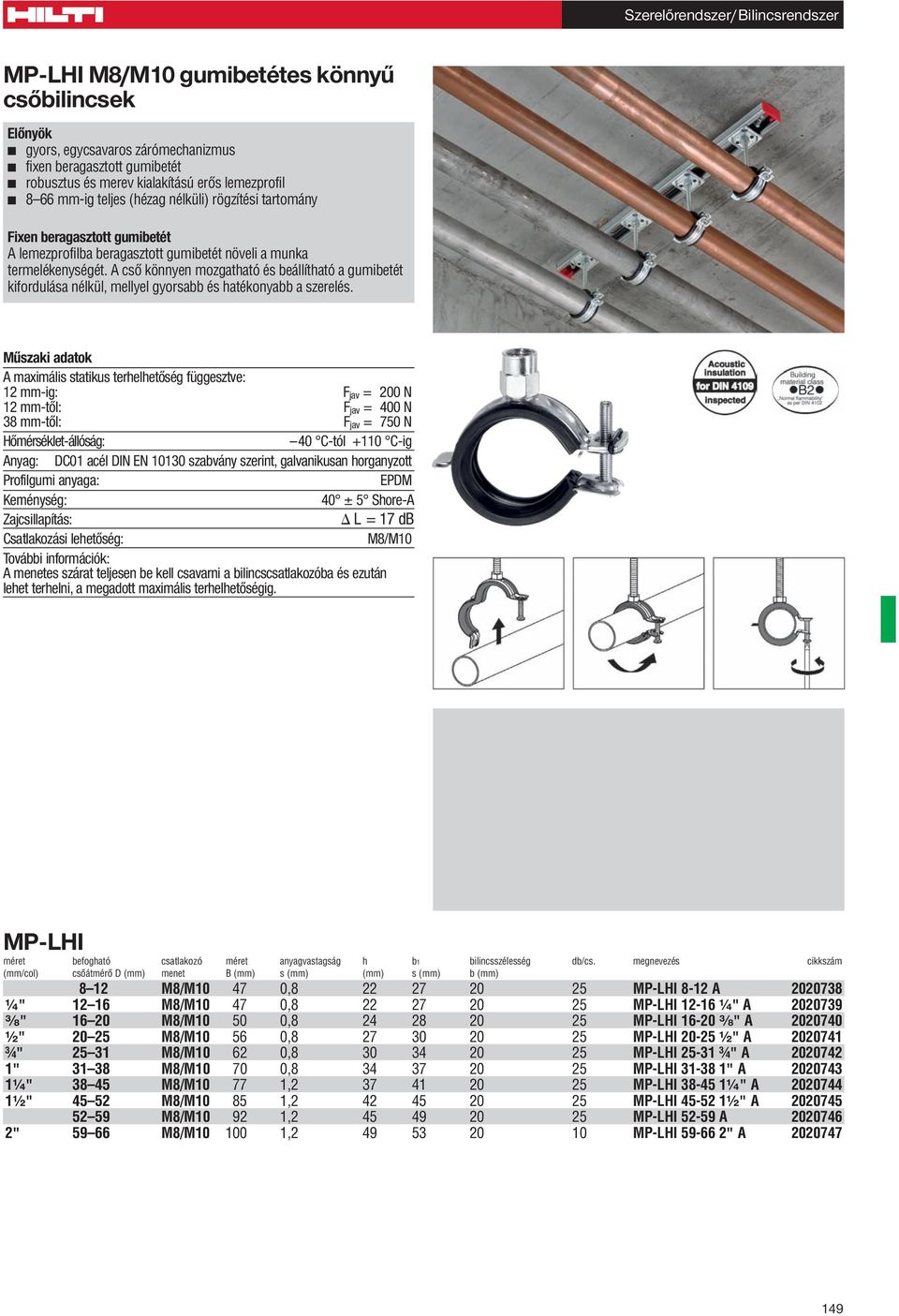 A maximális statikus terhelhetôség függesztve: 12 mm-ig: F jav = 200 N 12 mm-tôl: F jav = 400 N 38 mm-tôl: F jav = 750 N Hômérséklet-állóság: 40 C-tól +110 C-ig Anyag: DC01 acél DIN EN 10130 szabvány