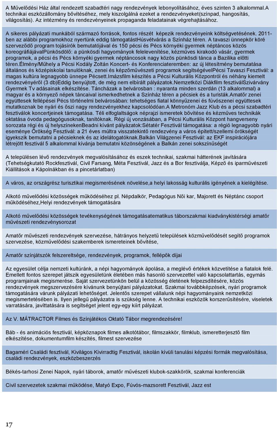 A sikeres pályázati munkából származó források, fontos részét képezik rendezvényeink költségvetésének. 2011- ben az alábbi programokhoz nyertünk eddig támogatásthúsvétvárás a Színház téren.