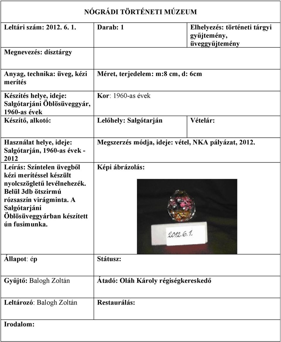 Készítés helye, ideje: Kor: 1960-as évek Salgótarjáni Öblösüveggyár, 1960-as évek Salgótarján, 1960-as évek - Leírás: Színtelen üvegből