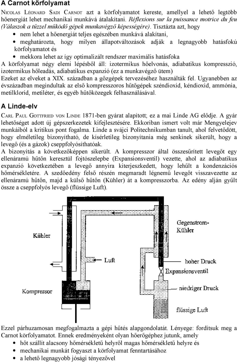 Tisztázta azt, hogy nem lehet a hőenergiát teljes egészében munkává alakítani, meghatározta, hogy milyen állapotváltozások adják a legnagyobb hatásfokú körfolyamatot és mekkora lehet az így