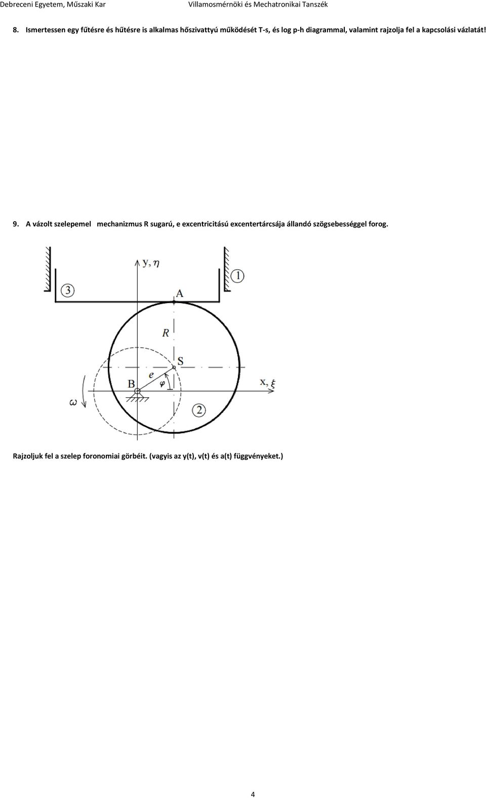 A vázolt szelepemel mechanizmus R sugarú, e excentricitású excentertárcsája állandó