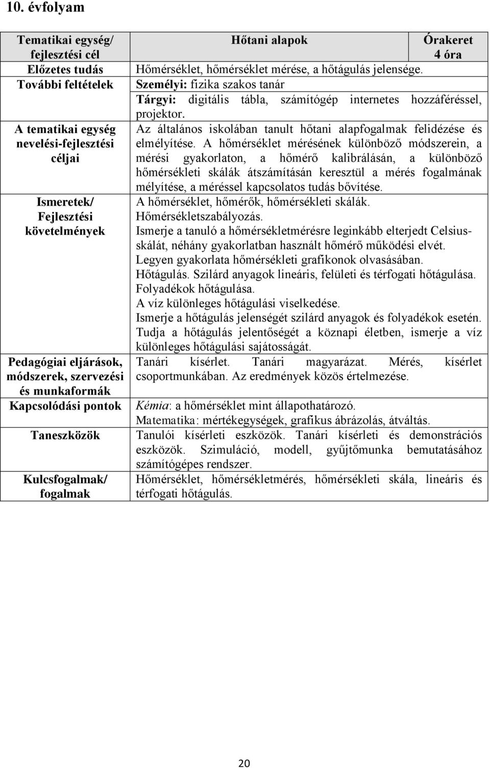 Személyi: fizika szakos tanár Tárgyi: digitális tábla, számítógép internetes hozzáféréssel, projektor. Az általános iskolában tanult hőtani alapfogalmak felidézése és elmélyítése.