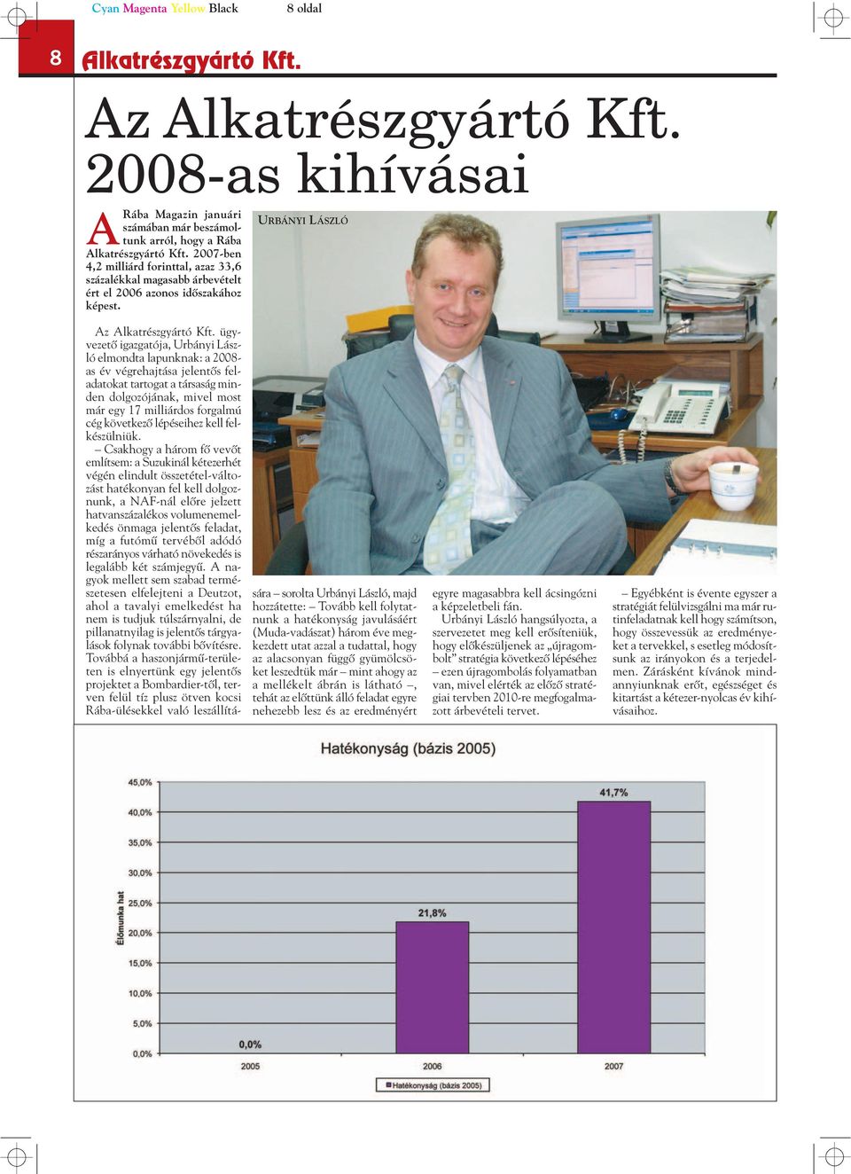 URBÁNYI LÁSZLÓ Az Alkatrészgyártó ügyvezetô igazgatója, Urbányi László elmondta lapunknak: a 2008- as év végrehajtása jelentôs feladatokat tartogat a társaság minden dolgozójának, mivel most már egy