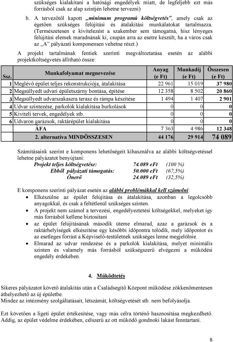 (Természetesen e kivitelezést a szakember sem támogatná, hisz lényeges felújítási elemek maradnának ki, csupán arra az esetre készült, ha a város csak az A pályázati komponensen vehetne részt.