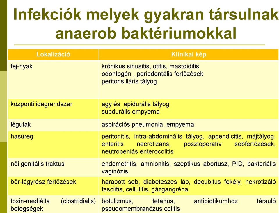 empyema peritonitis, intra-abdominális tályog, appendicitis, májtályog, enteritis necrotizans, posztoperatív sebfertőzések, neutropeniás enterocolitis endometritis, amnionitis, szeptikus