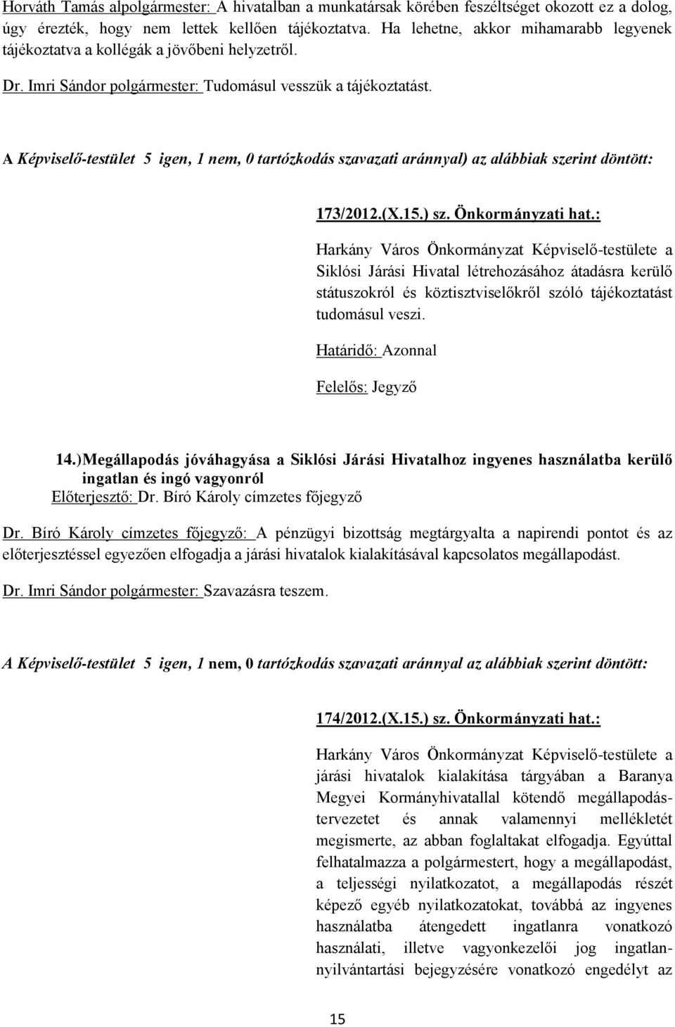 A Képviselő-testület 5 igen, 1 nem, 0 tartózkodás szavazati aránnyal) az alábbiak 173/2012.(X.15.) sz. Önkormányzati hat.