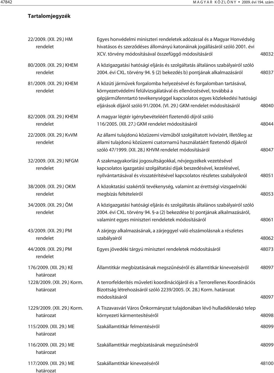 (XII. 29.) KE határozat 1228/2009. (XII. 29.) Korm. határozat 1229/2009. (XII. 29.) Korm. határozat 115/2009. (XII. 29.) ME határozat 116/2009. (XII. 29.) ME határozat 117/2009. (XII. 29.) ME határozat Egyes honvédelmi miniszteri rendeletek adózással és a Magyar Honvédség hivatásos és szerzõdéses állományú katonáinak jogállásáról szóló 2001.