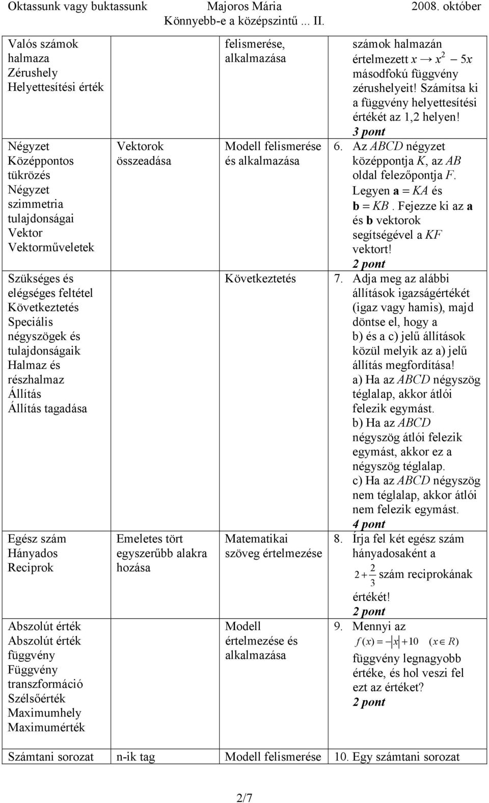 összeadása Emeletes tört egyszerűbb alakra hozása felismerése, Modell felismerése és szöveg értelmezése Modell értelmezése és számok halmazán értelmezett x x 2 5x másodfokú függvény zérushelyeit!