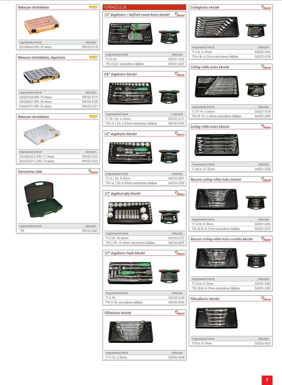 6-22mm szerszámos ládában 040202-0106 Csillag-villás kulcs készlet 326x257x48 ORG-13 rekesz 090102-0119 420x305x61 ORG-18 rekesz 090102-0120 510x347x71 ORG-24 rekesz 090102-0121 Rekeszes tárolódoboz