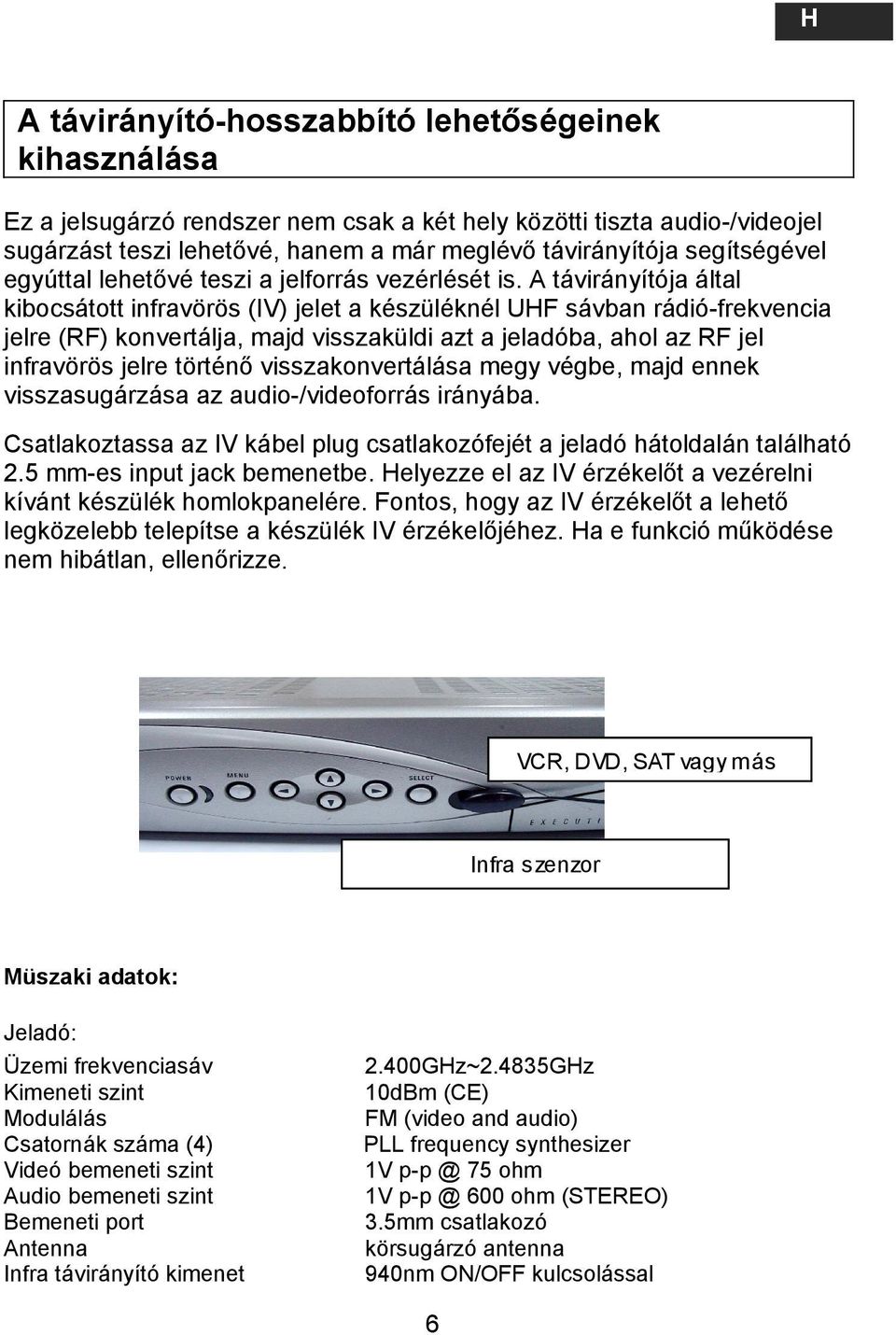 A távirányítója által kibocsátott infravörös (IV) jelet a készüléknél UHF sávban rádió-frekvencia jelre (RF) konvertálja, majd visszaküldi azt a jeladóba, ahol az RF jel infravörös jelre történő