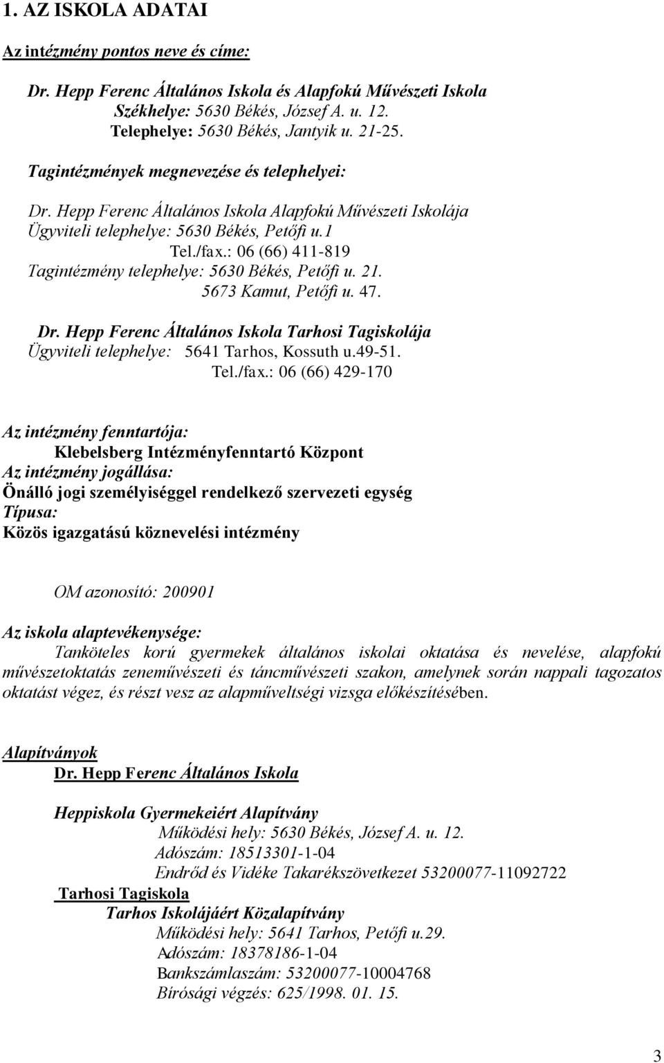 : 06 (66) 411-819 Tagintézmény telephelye: 5630 Békés, Petőfi u. 21. 5673 Kamut, Petőfi u. 47. Dr. Hepp Ferenc Általános Iskola Tarhosi Tagiskolája Ügyviteli telephelye: 5641 Tarhos, Kossuth u.49-51.