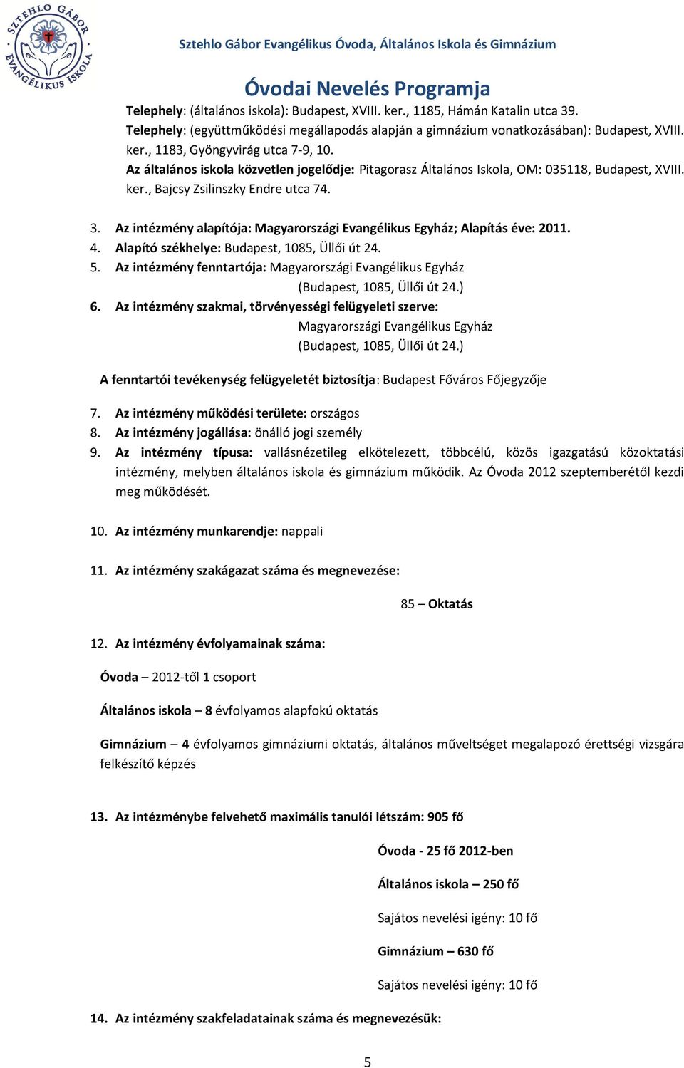 Az intézmény alapítója: Magyarországi Evangélikus Egyház; Alapítás éve: 2011. 4. Alapító székhelye: Budapest, 1085, Üllői út 24. 5.