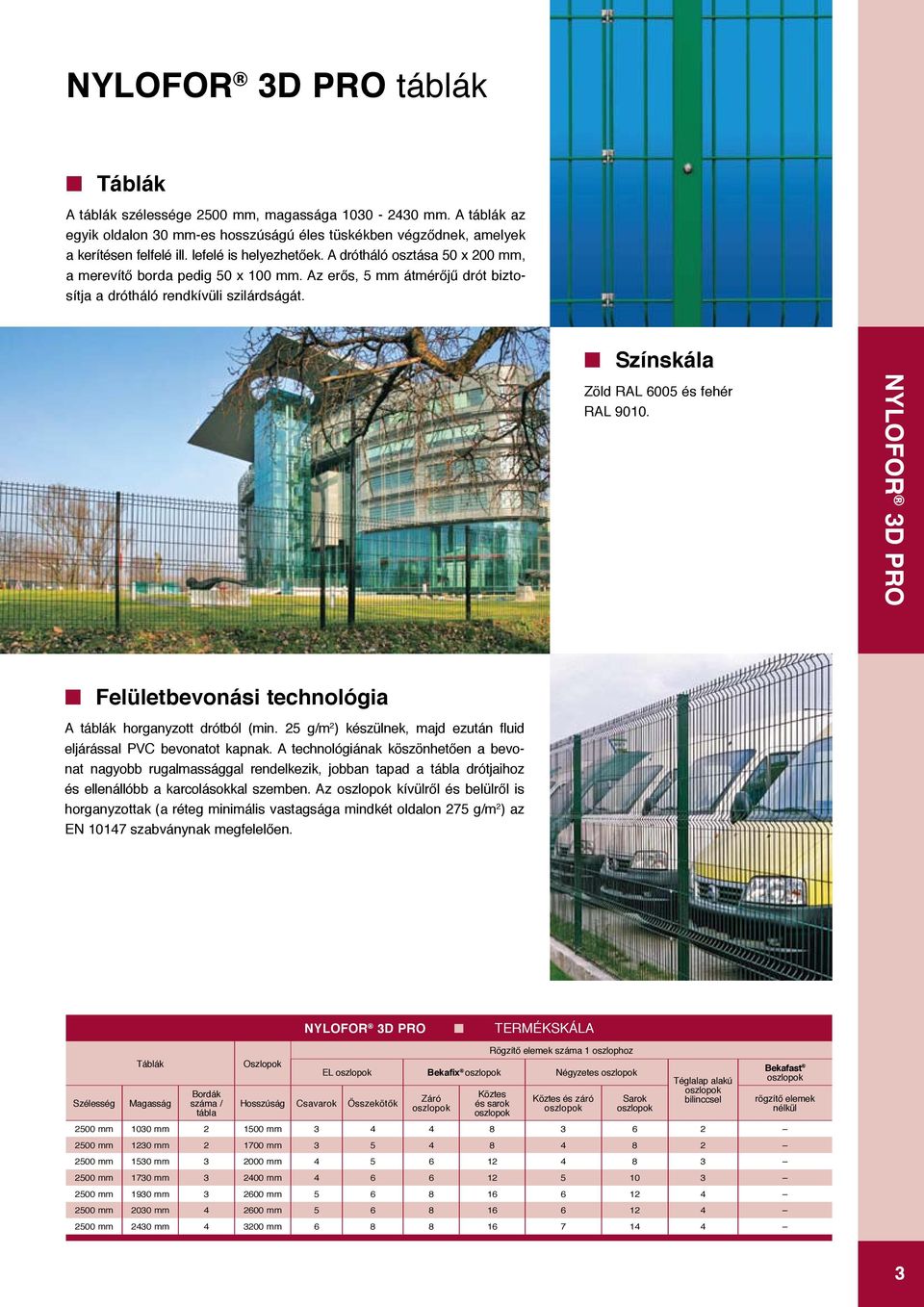Színskála Zöld RAL 6005 és fehér RAL 9010. NYLOFOR 3D PRO Felületbevonási technológia A táblák horganyzott drótból (min. 25 g/m 2 ) készülnek, majd ezután fluid eljárással PVC bevonatot kapnak.