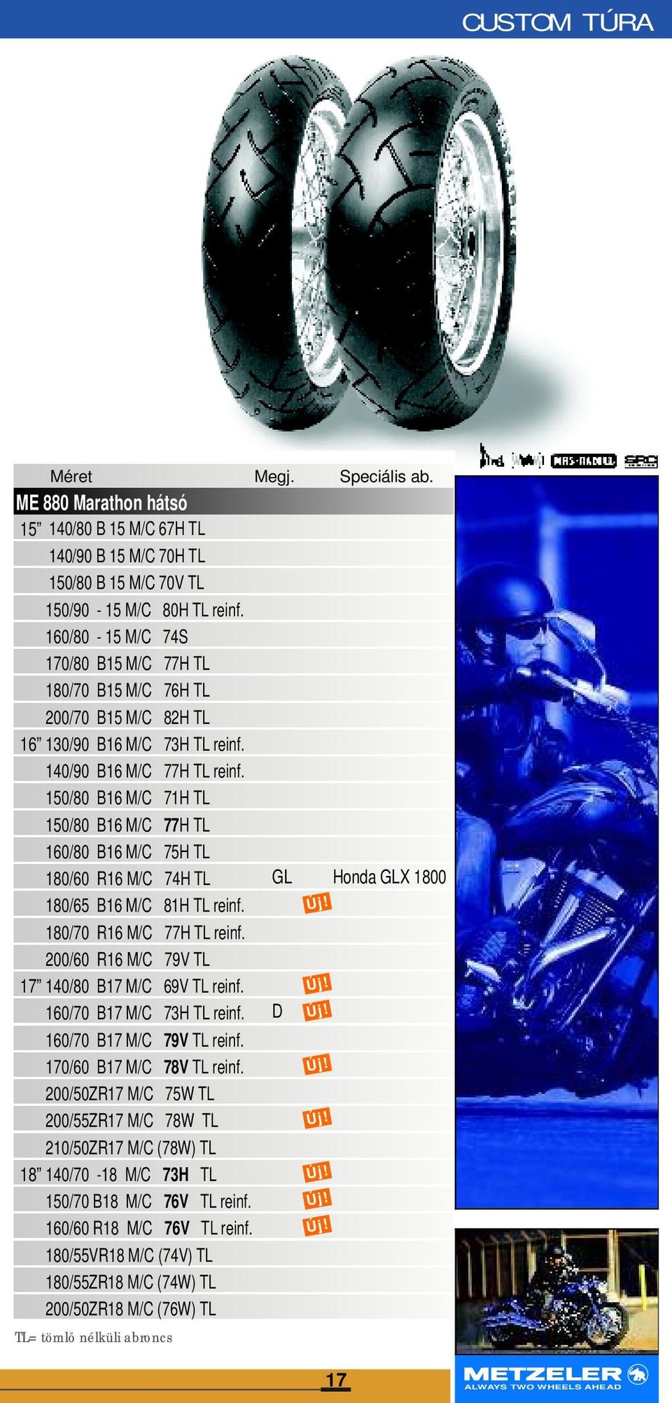 150/80 B16 M/C 71H TL 150/80 B16 M/C 77H TL 160/80 B16 M/C 75H TL 180/60 R16 M/C 74H TL 180/65 B16 M/C 81H TL reinf. 180/70 R16 M/C 77H TL reinf. 200/60 R16 M/C 79V TL 17 140/80 B17 M/C 69V TL reinf.