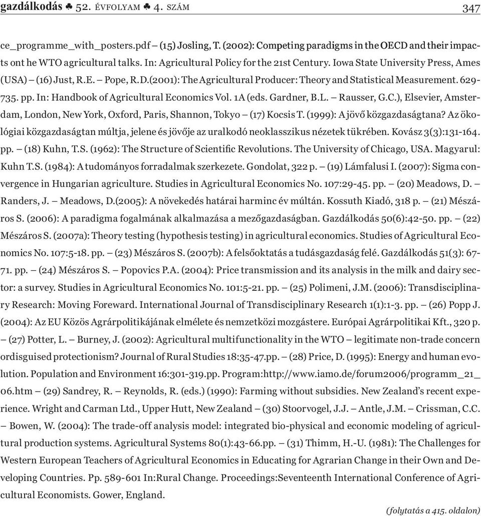 In: Handbook of Agricultural Economics Vol. 1A (eds. Gardner, B.L. Rausser, G.C.), Elsevier, Amsterdam, London, New York, Oxford, Paris, Shannon, Tokyo (17) Kocsis T. (1999): A jövő közgazdaságtana?