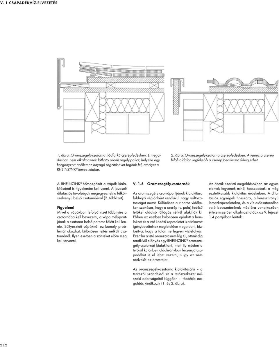 ábra: Oromszegély-csatorna cserépfedésben. A lemez a cserép felőli oldalon legfeljebb a cserép beakasztó füléig érhet. A RHEINZINK hőmozgását a vápák kialakításánál is figyelembe kell venni.