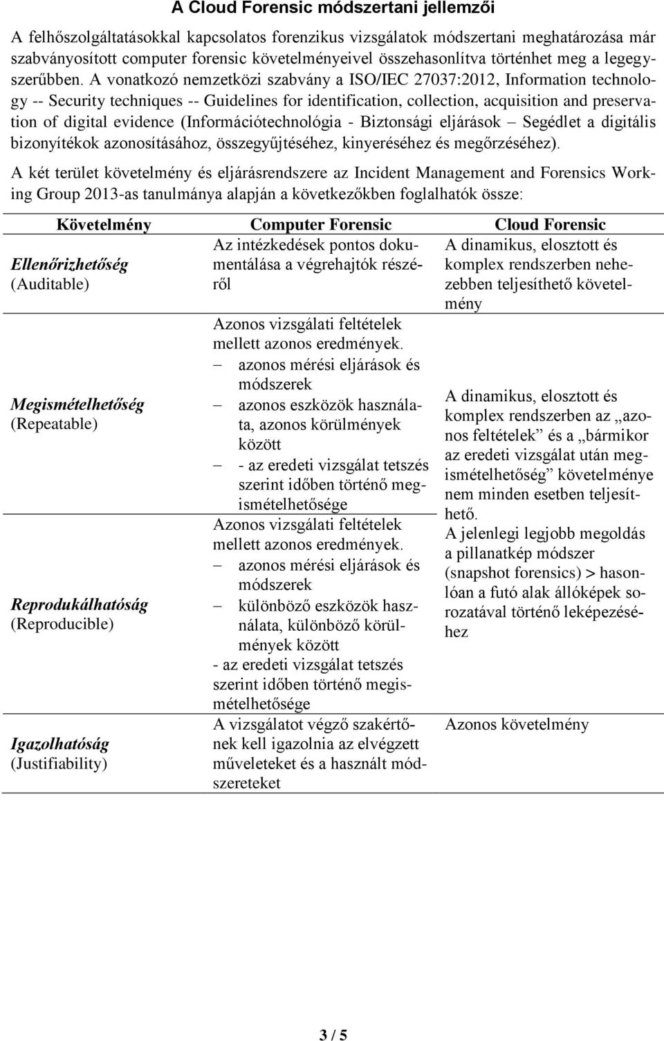 A vonatkozó nemzetközi szabvány a ISO/IEC 27037:2012, Information technology -- Security techniques -- Guidelines for identification, collection, acquisition and preservation of digital evidence