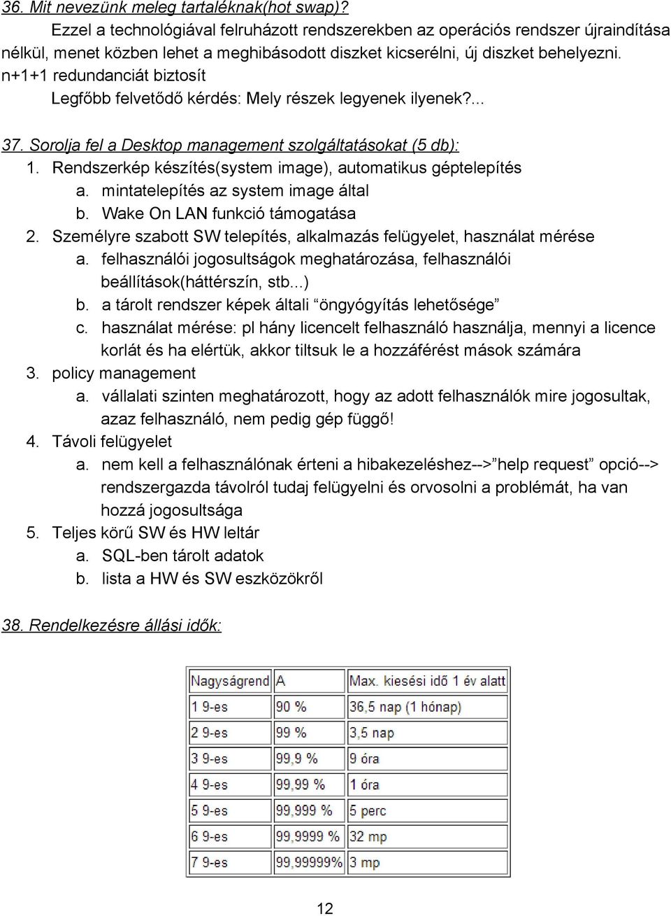 n+1+1 redundanciát biztosít Legfőbb felvetődő kérdés: Mely részek legyenek ilyenek?... 37. Sorolja fel a Desktop management szolgáltatásokat (5 db): 1.