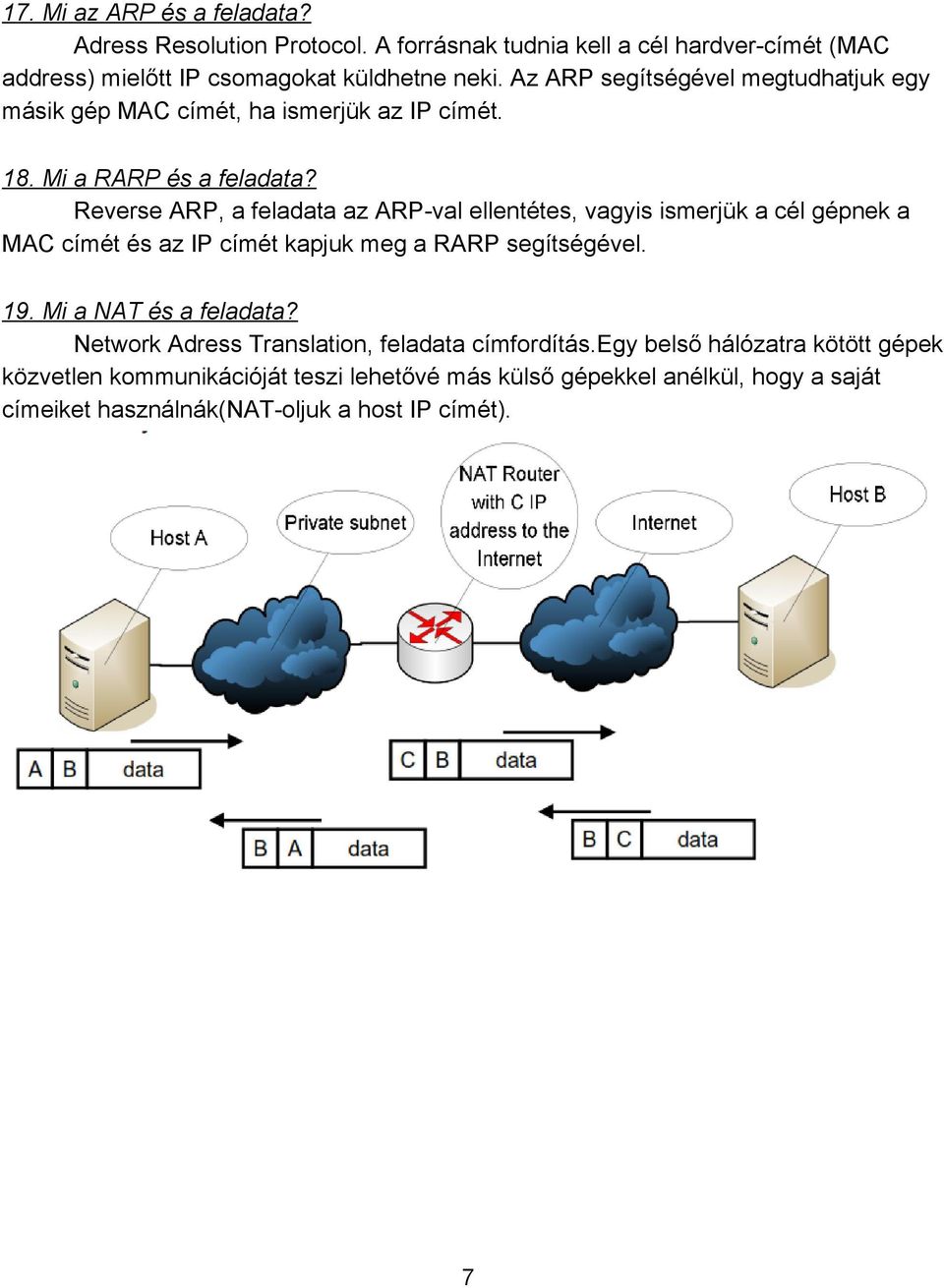 Reverse ARP, a feladata az ARP val ellentétes, vagyis ismerjük a cél gépnek a MAC címét és az IP címét kapjuk meg a RARP segítségével. 19.