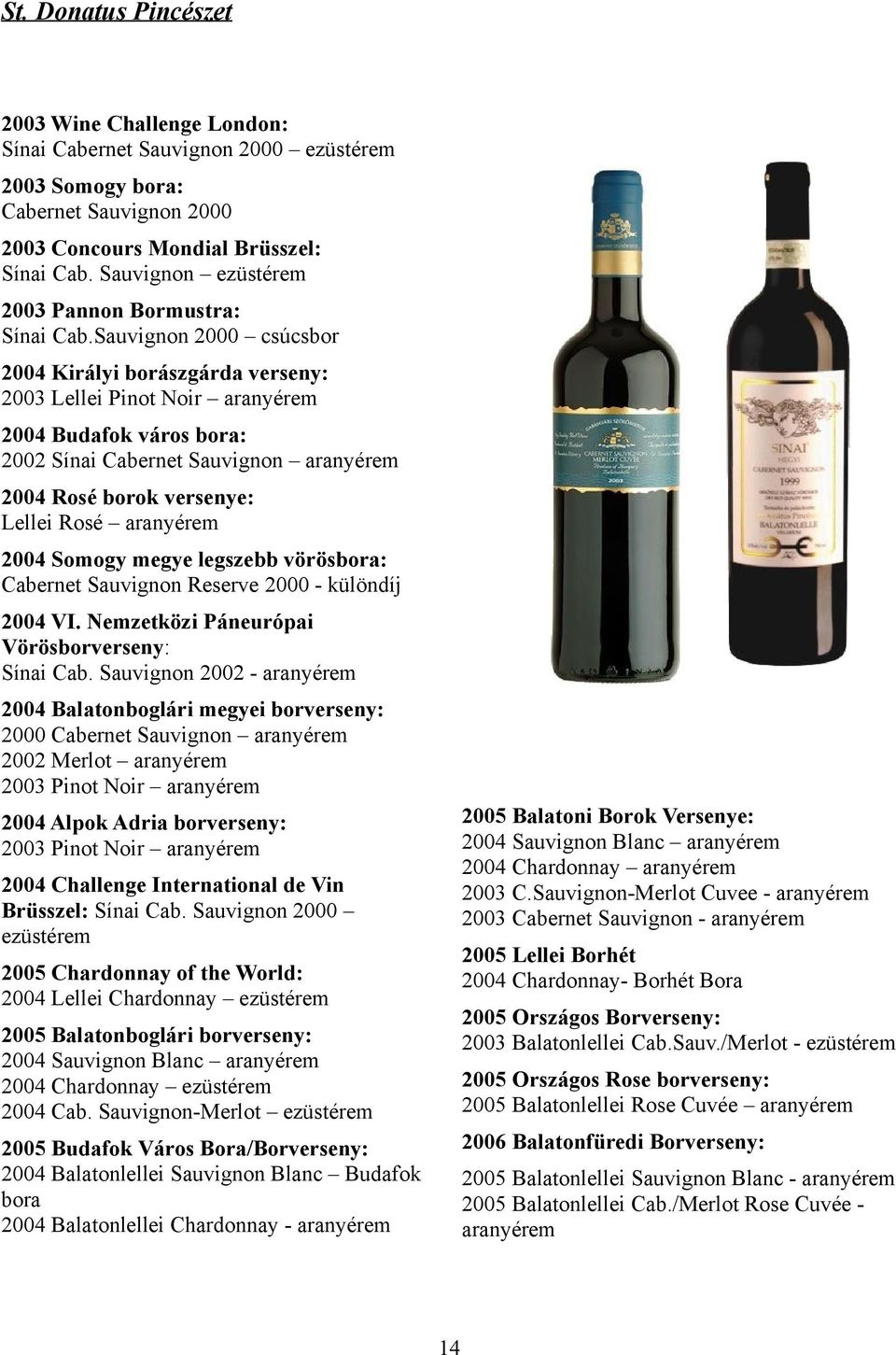 Sauvignon 2000 csúcsbor 2004 Királyi borászgárda verseny: 2003 Lellei Pinot Noir aranyérem 2004 Budafok város bora: 2002 Sínai Cabernet Sauvignon aranyérem 2004 Rosé borok versenye: Lellei Rosé