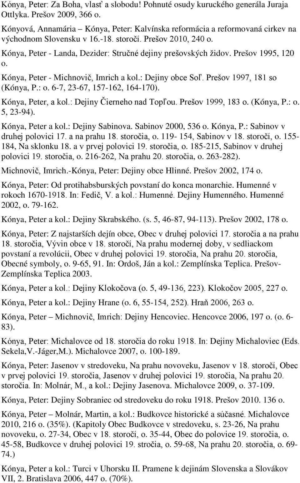 Kónya, Peter - Landa, Dezider: Stručné dejiny prešovských židov. Prešov 1995, 120 o. Kónya, Peter - Michnovič, Imrich a kol.: Dejiny obce Soľ. Prešov 1997, 181 so (Kónya, P.: o.
