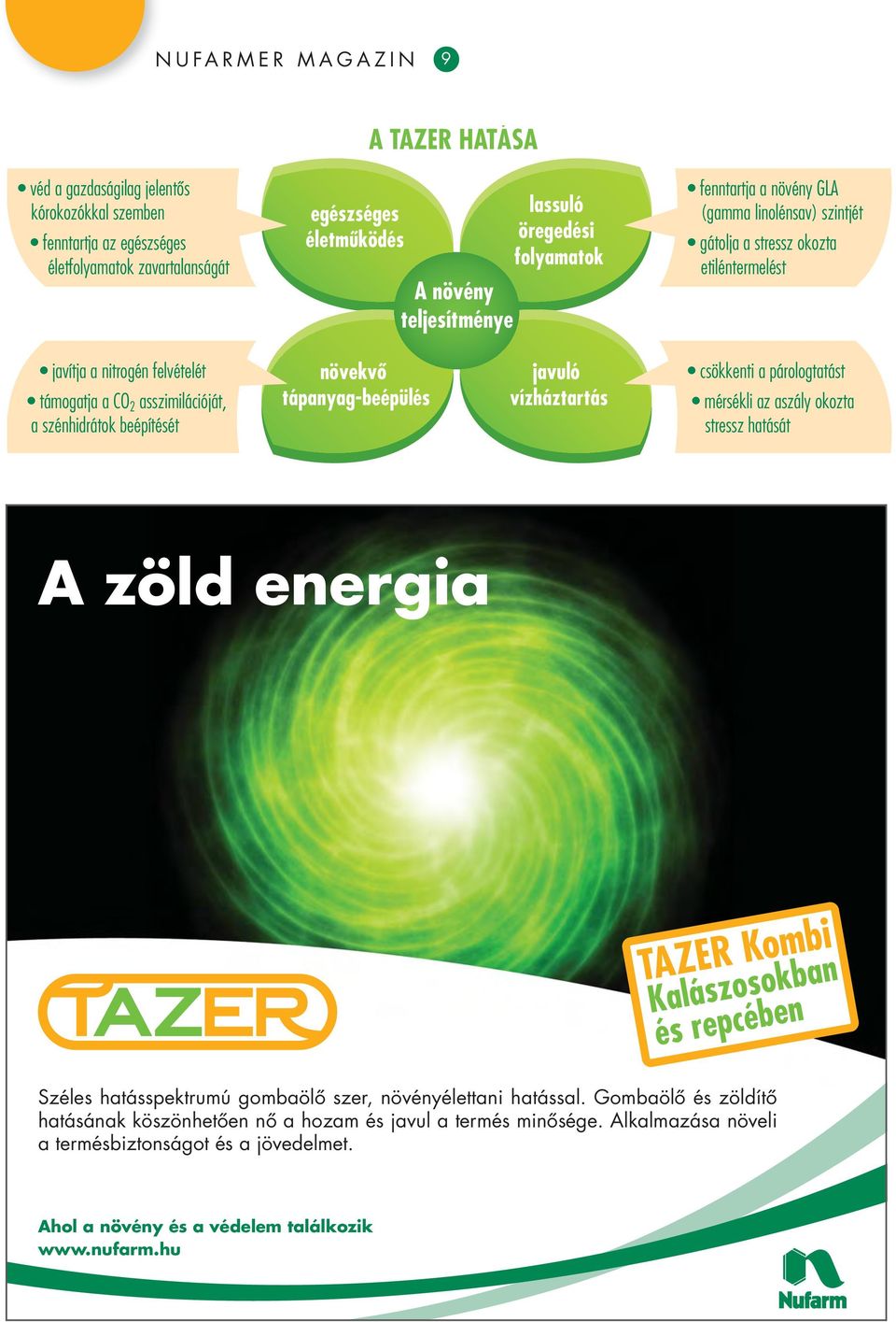 tápanyag-beépülés javuló vízháztartás csökkenti a párologtatást mérsékli az aszály okozta stressz hatását A zöld energia TAZER Kombi Kalászosokban és repcében Széles hatásspektrumú gombaölô szer,