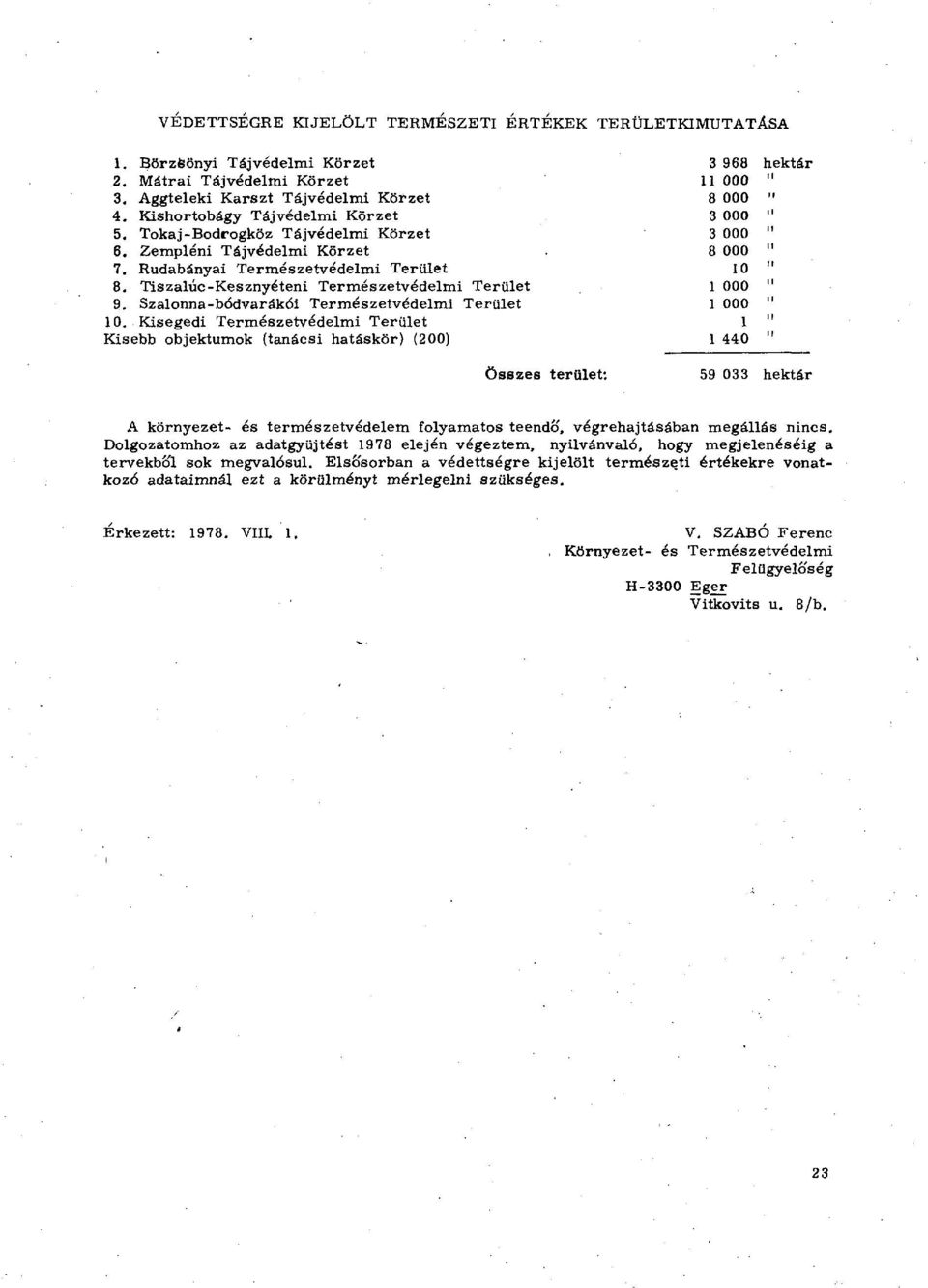 Terület Összes terület: 3 968 hektár 11 000 8 000 3 000 3 000 8 000 10 1 000 1 000 1 1 440 59 033 hektár A környezet- és természetvédelem folyamatos teendő, végrehajtásában megállás nincs.