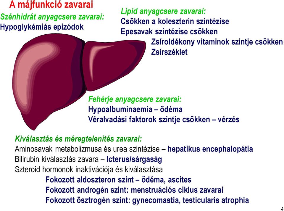 méregtelenítés zavarai: Aminosavak metabolizmusa és urea szintézise hepatikus encephalopátia Bilirubin kiválasztás zavara Icterus/sárgaság Szteroid hormonok