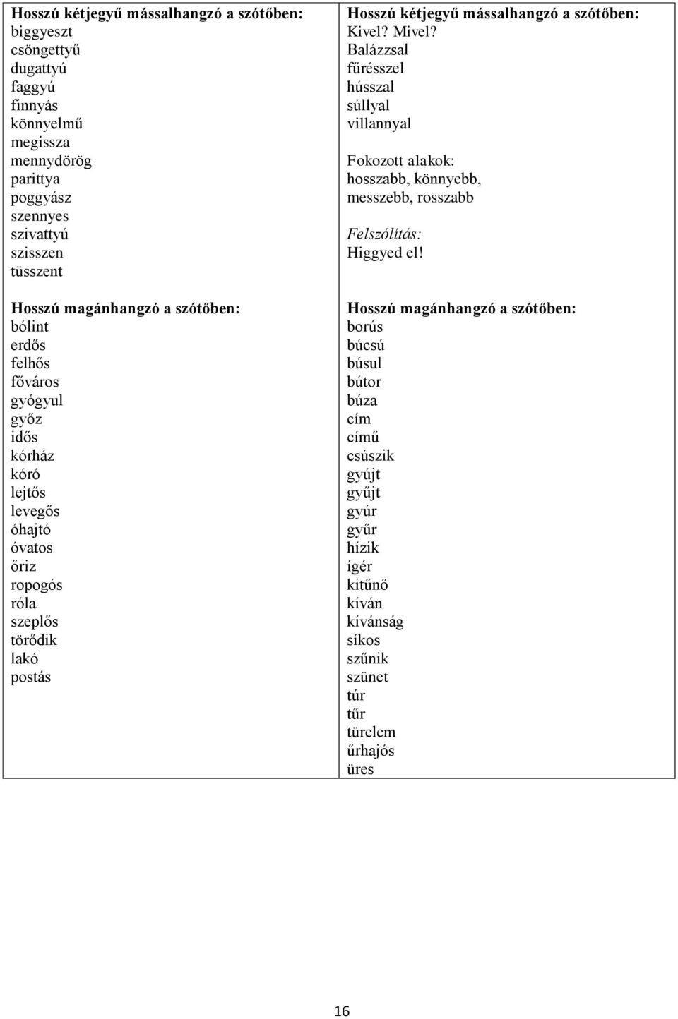 kétjegyű mássalhangzó a szótőben: Kivel? Mivel? Balázzsal fűrésszel hússzal súllyal villannyal Fokozott alakok: hosszabb, könnyebb, messzebb, rosszabb Felszólítás: Higgyed el!